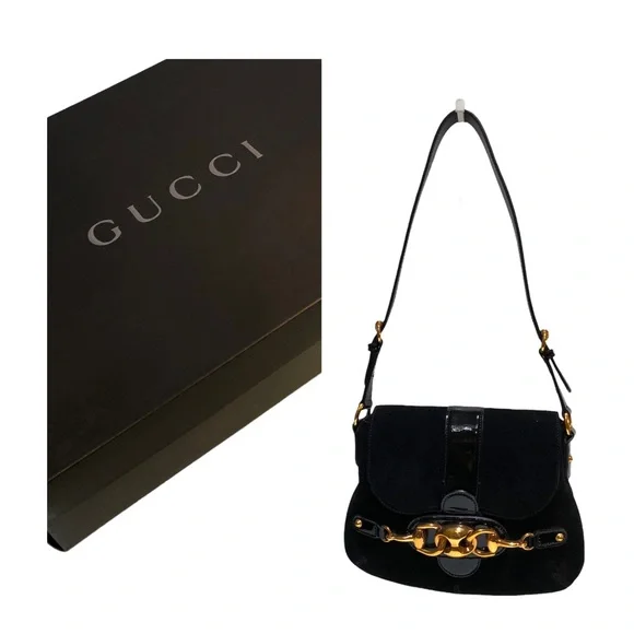 GUCCI Suede Black Handbag with Black Patent Leather Shoulder Strap - Picture 1 of 16